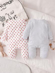 2pcs Newborn Simple Striped Heart & Letter Print Long Sleeve Footed Romper Pajama Set - Multicolor - View 2