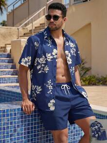 Naviga Onda 男士花卉印花短袖襯衫與抽繩腰短褲沙灘套裝，夏季短款2件式男士花卉短套裝，度假 - 彩色 - 查看 2