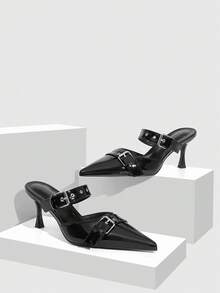 CUCCOO SZL Women's Simple Pointed Metal Buckle With Black Mules Stilettos, Sexy Retro Punk Style, Suitable For Parties, Street Tide Shooting And Other Scenes - Black - View 2