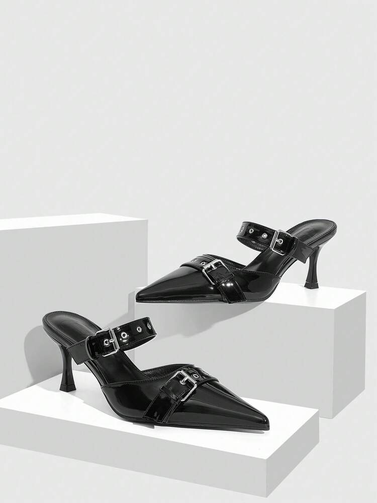 CUCCOO SZL Women's Simple Pointed Metal Buckle With Black Muller Stilettos, Sexy Retro Punk Style, Suitable For Parties, Street Tide Shooting And Other Scenes
