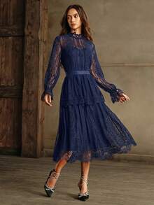 Anewsta Elegant Lace Dress, Spring And Autumn Maxi Women Outfit - Navy Blue - View 2