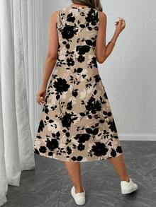 SHEIN LUNE 女士休闲复古杏色印花中长连衣裙，适合春夏穿着 - 彩色 - 查看 2