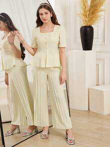 Teen GirlElegant Commuter Style Outfit, Square Collar Short Sleeve Ruffle Hem Blouse + Wide Leg Pleated Pants Set - Apricot - View 6