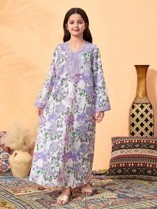 SHEIN Tween Girl Casual Elegant Floral Purple Lace Trim Dress, Suitable For Outings, Family Gatherings