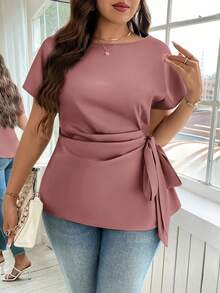 Reflora Cămașă de vară elegantă, casual, cu mânecă tip liliac și nod lateral, mărime plus - Roz Coral - Vizualizare 5