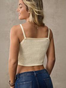 WESTFADE Floral Intarsia Square Neck Sleeveless Mixed Stitch Pointelle Knit Cropped Tank Top - Apricot - View 3