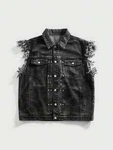 ROMWE MEN Grunge Punk 男士星月刺绣单排扣口袋毛边下摆休闲牛仔背心 - 藍色 - 查看 4