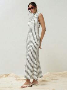 COSMINA Women's Elegant Striped Lace Elastic Sleeveless Dress, Versatile For Elegant Outings, Dates, Bohemian Beach Vacations, Office Commute - Black and White - View 3