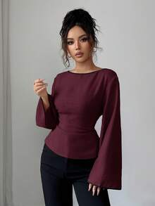 Siren Gaze 女士优雅喇叭袖系带修身衬衫，适合工作和通勤，春秋季 - 酒紅色 - 查看 7