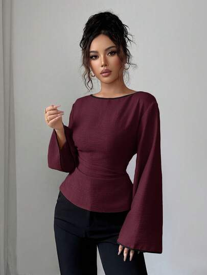 Siren Gaze Women's Elegant Flare Sleeve Tie Back Fitted Blouse, Suitable For Work And Commute, Spring/Autumn
