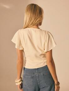 Aralina 女士V领裹身式短袖优雅荷叶边上衣飘逸上衣派对上衣白色上衣沙滩上衣夏季亚麻上衣复古风格上衣 - 米色 - 查看 2