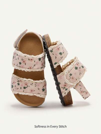 Cozy Pixies A Pair Of Four-Season Fun And Cute Pastoral Princess Fashion Versatile Floral Pink Lace Flat Girls Baby Sandals