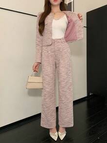 DAZY Bộ đồ nữ thanh lịch cổ tròn có túi giả, áo khoác và quần, 2 món, thích hợp cho mùa xuân, dự tiệc cưới. - Hồng - Xem 3