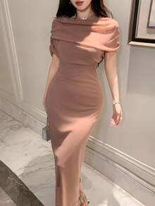 DAZY 女士优雅纯色不对称褶皱长连衣裙，夏季婚礼宾客礼服 - 橘色 - 查看 6