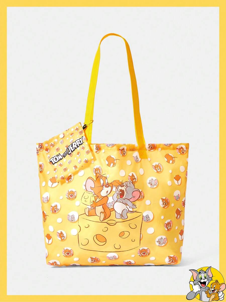 TOM & JERRY X SHEIN 时尚大容量彩虹猫图案手提包 - 黃白色 - 查看 1