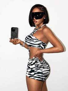 Swim SXY 女士时尚露背印花性感镂空连体裤 - 黑與白 - 查看 4