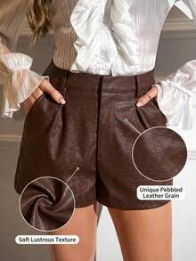 SHEIN Clasi Quần short da PU dập nổi dáng rộng, cạp cao, có túi, dành cho nữ cỡ lớn, thích hợp cho mùa đông, Giáng sinh và năm mới. - màu nâu - Xem 14