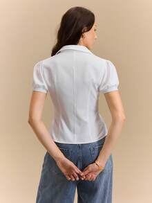 Hanevo Women's Casual Sports Back To School White Collar Puff Sleeve Fitted Blouse - White - View 2