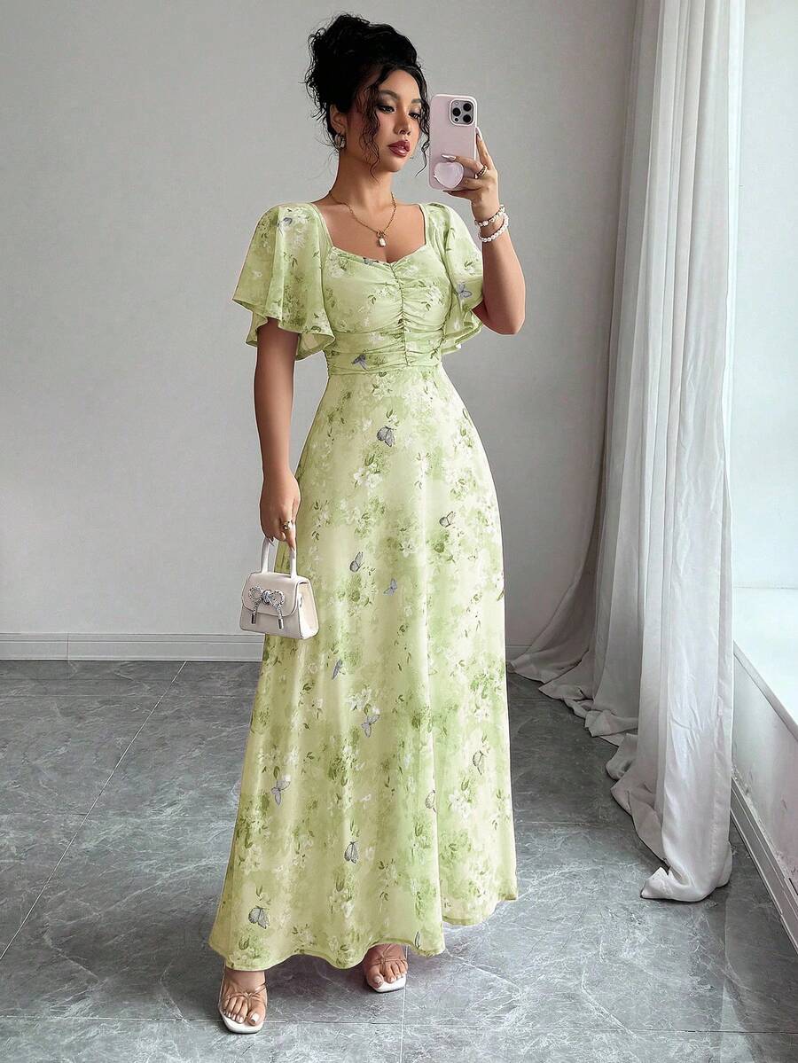 Modelyn Váy mùa hè kiểu Pháp in hình bướm bằng vải chiffon cho nữ tay cánh dơi xếp ly ngọt ngào - Màu xanh chanh - Xem 1