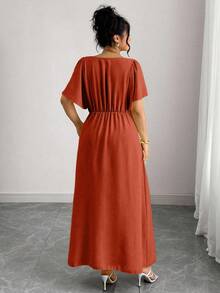 Elenzga Plus Size Solid Color Ruffle Trim Square Neck Cinched Waist Dress For Women Square Neck Dress Button Dress Terracotta Dress Burnt Orange Dress Rust Dress