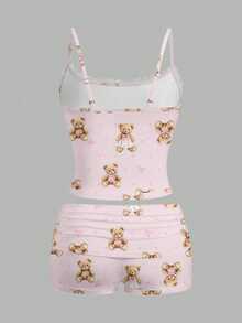 SHEIN Essnce 两件套女士蕾丝吊带背心和褶皱短裤，适合夏季穿着 - 粉色 - 查看 3