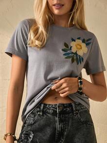 EURMUSE Large Floral Embroidery, Short Sleeve, Statement Chest Design, Feminine Casual Wear, High-Quality Stitching, Boho Collection - Grey - View 6