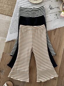 SHEIN LMoss  3pcs Baby Girl Knitted Solid Striped Casual Flare Pants Set - Multicolor - View 7