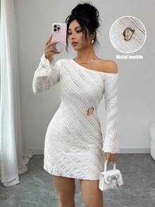 Elenzga 女士优雅针织纹理斜领喇叭袖收腰A字短款连衣裙，春秋季 - 杏色 - 查看 1