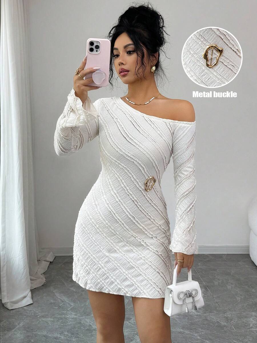 Elenzga 女士优雅针织纹理斜领喇叭袖收腰A字短款连衣裙，春秋季 - 杏色 - 查看 1