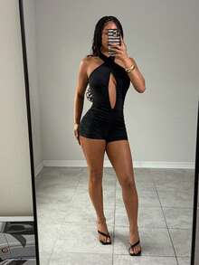 EgrlEra 性感深V领露背修身连体裤，女士迷人约会装，春夏款 - 黑色 - 查看 3