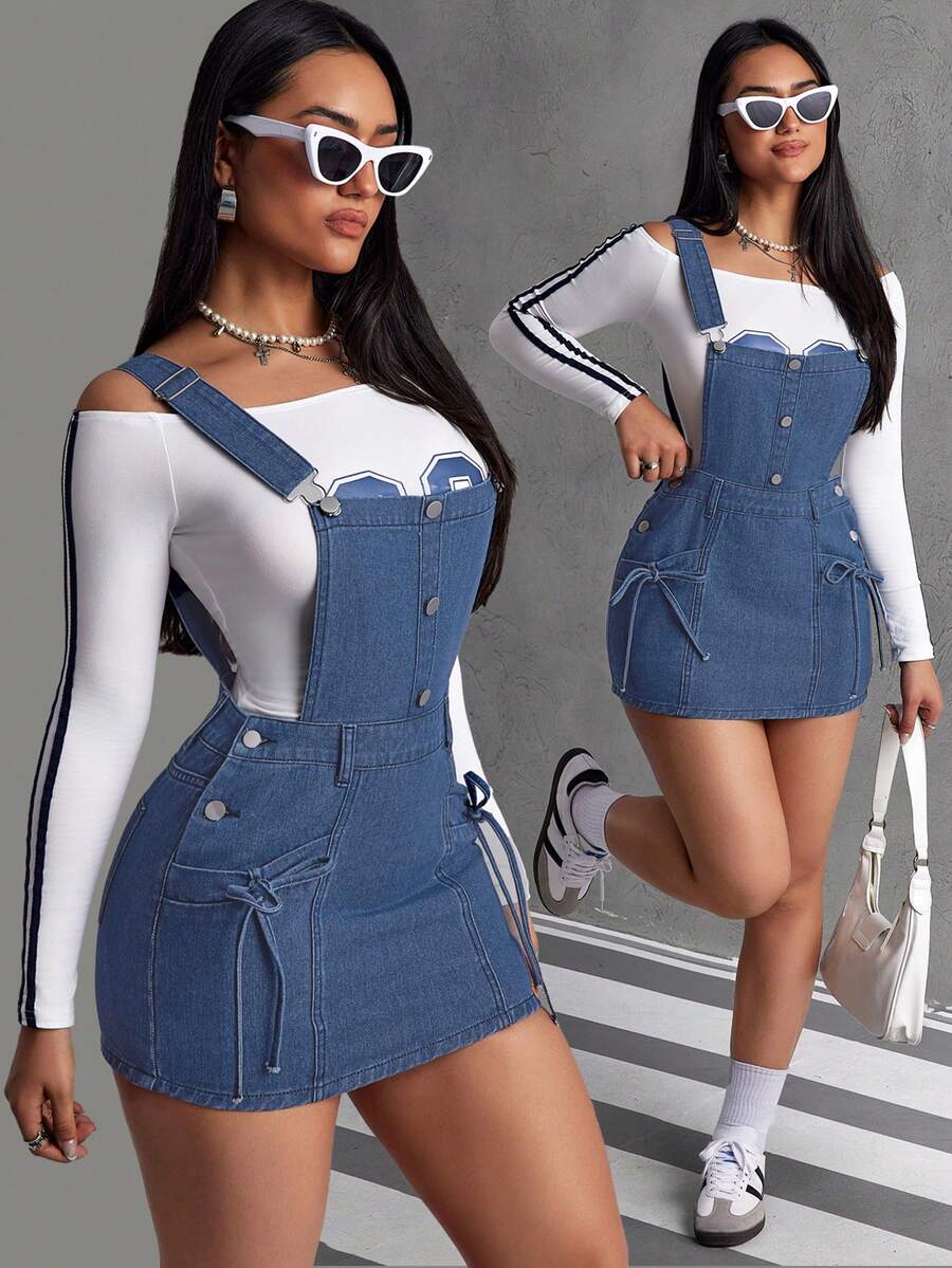 SHEIN ICON 女士纯色纽扣吊带修身牛仔连衣裙 - 藍色 - 查看 1