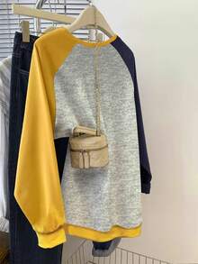 Resyla Popular Raglan Splice Colorblock Yellow Blue Gray Smiling Face Round Neck Sweatshirt For Plus Size Women - Multicolor - View 2