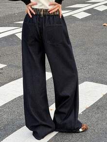 DAZY Teen Girl Leopard Print Slant Pocket Casual Jeans - Dark Wash - View 6