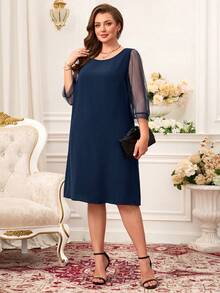 Miaspire Plus Size Women's Mesh Contrast Black Elegant Mother's Day Dress - Navy Blue - View 3