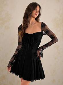 SHEIN Tall 女士花卉蕾丝拼接荷叶边下摆时尚性感连衣裙 - 黑色 - 查看 6