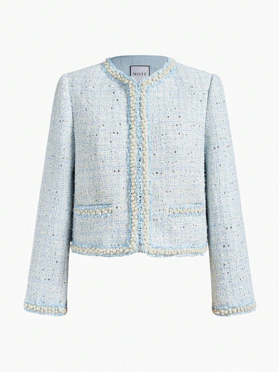 MOTF PREMIUM WOMEN'S BOXY TWEED SHORT JACKET - Blue and White - View 1
