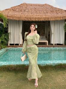 DAZY Women's Elegant Floral Print Square Neck Collar Lantern Sleeve Shirt And Skirt 2 Pieces Set, Spring/Summer - Green - View 8