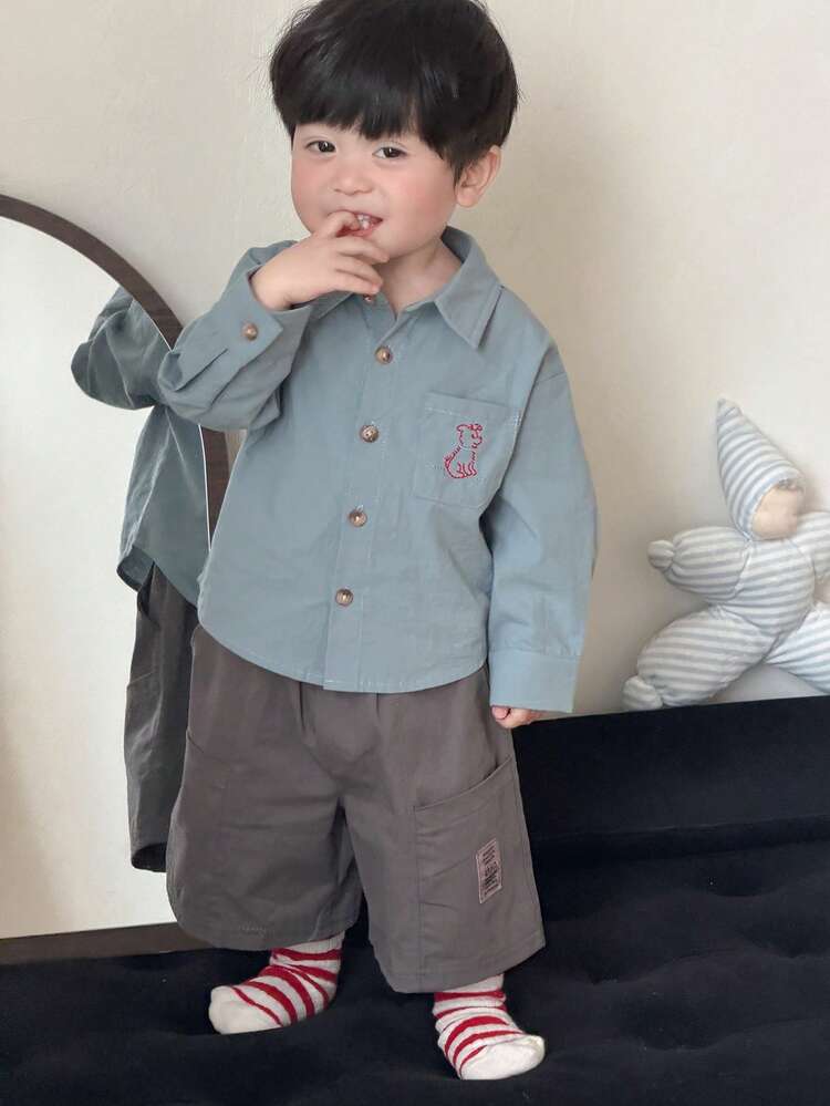 Toddler Boys' Corduroy Collar Cartoon Puppy Embroidery Long Sleeve Top