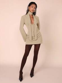 COSMINA 女士性感通勤极简纯色深V领喇叭袖修身外套和铅笔裙两件套，配缎带 - 卡其色 - 查看 6