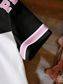 THE POWERPUFF GIRLS X SHEIN Baby Girl Blossom, Bubbles, Buttercup Pattern Color Block Round Neck Short Sleeve Top - White - View 5