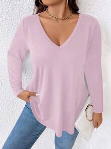 Femmeverse Camiseta casual de manga larga con cuello en V de un solo color para tallas grandes, para primavera - Púrpura malva - Ver 4