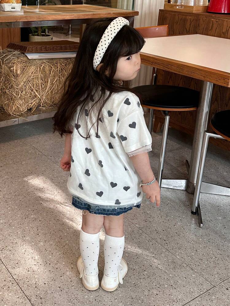 Baby Girl Heart Print Casual Round Neck Short Sleeve Top Summer Toddler Girls Clothes