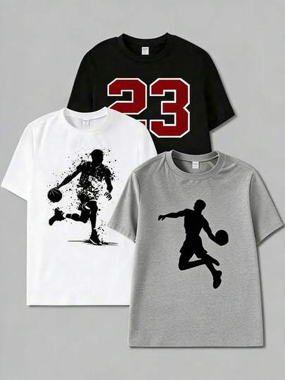 Vacaura 3件套青少年运动休闲篮球23号剪影印花短袖T恤组合，黑/白/灰，春夏款