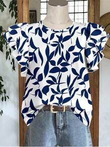 EMERY ROSE Áo sơ mi nữ tay ngắn kiểu dáng tối giản, in họa tiết lá xanh dương, tay bồng đôi, thích hợp cho mùa xuân/hè, đi nghỉ mát, đa năng. - Nhiều màu - Xem 7