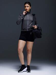 Powerista 女士简约纯色拉链立领插肩袖训练运动夹克 - 深灰色 - 查看 3