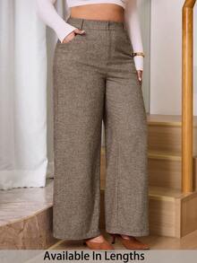 SHEIN Tall CURVE Plus Size Women High Waist Pockets Wide Leg Loose Elegant Office Pants Wide Leg Pants Women Wide Leg Pants Brown Pants For Women Knit Wide Leg Pants Tall Wide Leg Pants, Daily Life, Commuting, School, Teachers, Meetings, Going Out, Leisure, With Pocket, High-Waisted, Straight Leg Pants , Spring Women , Casual For Women , Women's Pants - Khaki - View 1