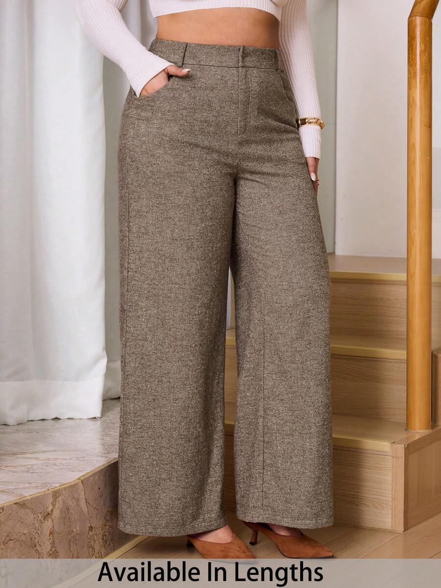 SHEIN Tall CURVE Plus Size Women High Waist Pockets Wide Leg Loose Elegant Office Pants Wide Leg Pants Women Wide Leg Pants Brown Pants For Women Knit Wide Leg Pants Tall Wide Leg Pants, Daily Life, Commuting, School, Teachers, Meetings, Going Out, Leisure, With Pocket, High-Waisted, Straight Leg Pants , Spring Women , Casual For Women , Women's Pants - Khaki - View 1