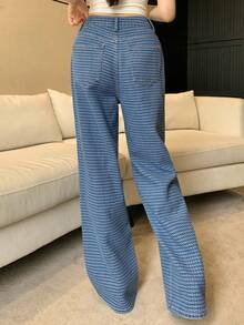 DAZY Data Print & Plaid Retro Straight Leg Loose Fit Casual Jeans For Women, Autumn/Spring Y2k - Medium Wash - View 8