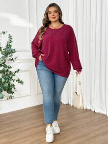 SHEIN CURVE+ Plus Size Women's Solid Color Round Neck Drop Shoulder Long Sleeve Loose Casual Sweatshirt, Autumn/Winter Valentine's Day - Burgundy - View 6