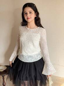 DAZY Tween Girls Round Neck Lace Fabric Fitted Flare Sleeve T-Shirt Spring - White - View 4